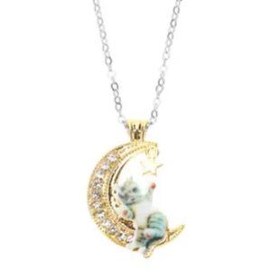 Gold Tone Rhinestones Silver Chain "Cat Sitting on Crescent Moon" Necklace New